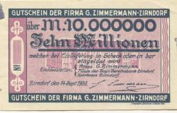 Zirndorf-  Zimmermann, G., Spiegelfabrik - 14.9.1923 - 10 Millionen Mark 