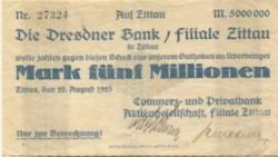 Zittau - Commerz- und Privatbank AG, Filiale Zittau - 22.8.1923 - 5 Millionen Mark