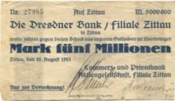Zittau - Commerz- und Privatbank AG, Filiale Zittau - 22.8.1923 - 5 Millionen Mark