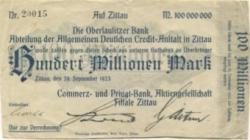 Zittau - Commerz- und Privatbank AG, Filiale Zittau - 29.9.1923 - 100 Millionen Mark