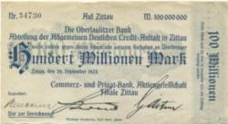 Zittau - Commerz- und Privatbank AG, Filiale Zittau - 29.9.1923 - 100 Millionen Mark
