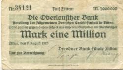 Zittau - Dresdner Bank, Bahnhofstr. 12, Filiale Zittau - 9.8.1923 - 1 Million Mark