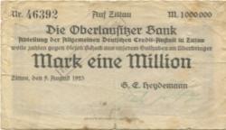 Zittau - Heydemann, G. E., Bank - 9.8.1923 - 1 Million Mark