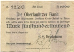 Zittau - Heydemann, G. E., Bank - 14.8.1923 - 500000 Mark