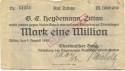 Zittau - Oberlausitzer Bank, Abteilung Allgemeine Deutsche Credit-Anstalt - 9.8.1923 - 1 Million Mark