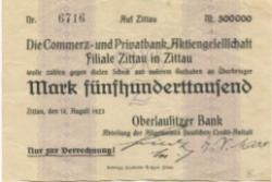 Zittau - Oberlausitzer Bank, Abteilung Allgemeine Deutsche Credit-Anstalt - 14.8.1923 - 500000 Mark