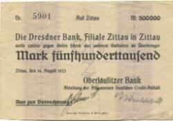 Zittau - Oberlausitzer Bank, Abteilung Allgemeine Deutsche Credit-Anstalt - 14.8.1923 - 500000 Mark