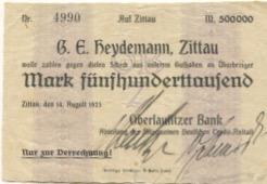 Zittau - Oberlausitzer Bank, Abteilung Allgemeine Deutsche Credit-Anstalt - 14.8.1923 - 500000 Mark
