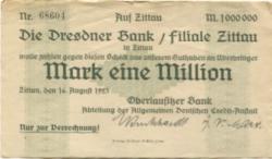 Zittau - Oberlausitzer Bank, Abteilung Allgemeine Deutsche Credit-Anstalt - 16.8.1923 - 1 Million Mark