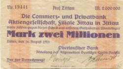 Zittau - Oberlausitzer Bank, Abteilung Allgemeine Deutsche Credit-Anstalt - 16.8.1923 - 2 Millionen Mark