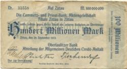 Zittau - Oberlausitzer Bank, Abteilung Allgemeine Deutsche Credit-Anstalt - 29.9.1923 - 100 Millionen Mark