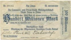 Zittau - Oberlausitzer Bank, Abteilung Allgemeine Deutsche Credit-Anstalt - 29.9.1923 - 100 Millionen Mark