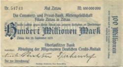 Zittau - Oberlausitzer Bank, Abteilung Allgemeine Deutsche Credit-Anstalt - 29.9.1923 - 100 Millionen Mark