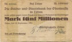 Zittau - Stadtgirokasse - 12.9.1923 - 5 Millionen Mark
