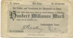 Zittau - Stadtgirokasse - 29.9.1923 - 100 Millionen Mark