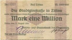 Zittau - Städte- und Staatsbank der Oberlausitz - 11.8.1923 - 1 Million Mark