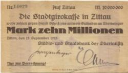 Zittau - Städte- und Staatsbank der Oberlausitz - 19.9.1923 - 10 Millionen Mark