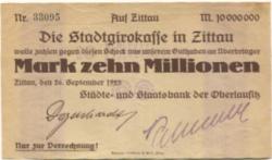 Zittau - Städte- und Staatsbank der Oberlausitz - 26.9.1923 - 10 Millionen Mark