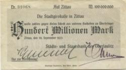 Zittau - Städte- und Staatsbank der Oberlausitz - 29.9.1923 - 100 Millionen Mark