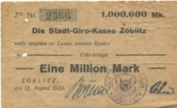 Zöblitz (heute: Marienberg) - Städtische Sparkasse/Stadt - 12.8.1923 - 1 Million Mark