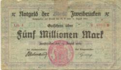 Zweibrücken - Stadt - 14.8.1923 - 5 Millionen Mark 