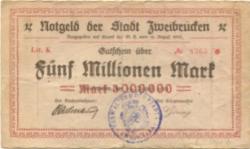 Zweibrücken - Stadt - 14.8.1923 - 5 Millionen Mark 