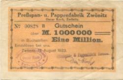 Zwönitz - Koch, Oscar, Pressspan- und Pappenfabrik - 18.8.1923 - 1 Million Mark 