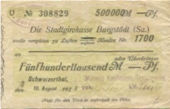 Mohsdorf-Schweizerthal (heute: Burgstädt) - Kaufmann, Wilhelm, Textilwerke - 10.8.1923 - 500000 Mark
