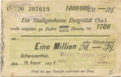 Mohsdorf-Schweizerthal (heute: Burgstädt) - Kaufmann, Wilhelm, Textilwerke - 10.8.1923 - 1 Million Mark