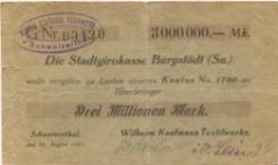 Mohsdorf-Schweizerthal (heute: Burgstädt) - Kaufmann, Wilhelm, Textilwerke - 16.8.1923 - 3 Millionen Mark