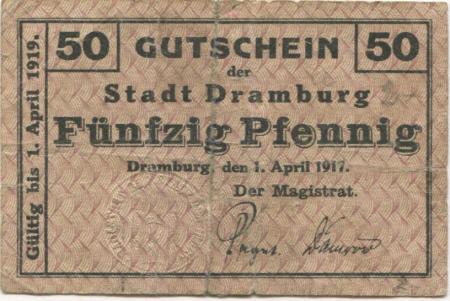 Dramburg (heute: PL-Drawsko Pomorskie) - Stadt - 1.4.1917 - 1.7.1919 - 50 Pfennig 