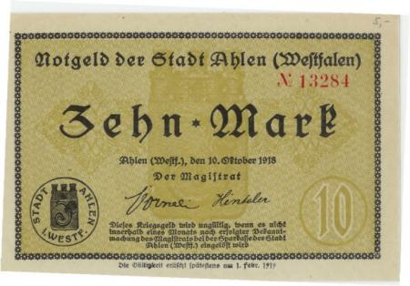 Ahlen - Stadt - 10.10.1918 - 1.2.1919 - 10 Mark 
