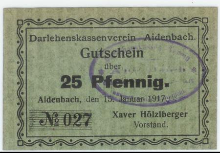 Aidenbach - Darlehnskassenverein - 15.1.1917 - 25 Pfennig 