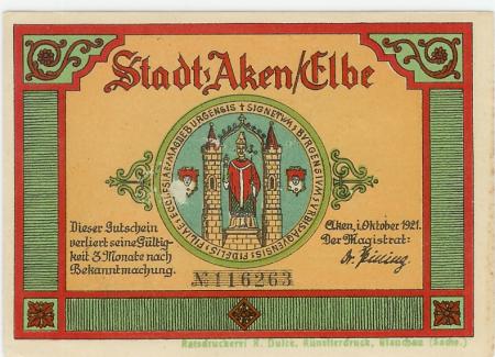 Aken - Stadt - Oktober 1921 - 50 Pfennig 