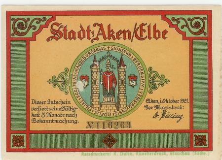 Aken - Stadt - Oktober 1921 - 50 Pfennig 