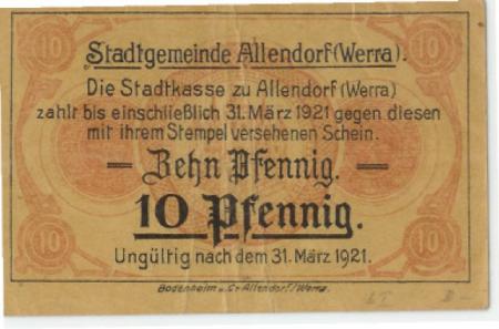 Allendorf (heute: Bad-Sooden-Allendorf) - Stadt - - 31.3.1921 - 10 Pfennig 