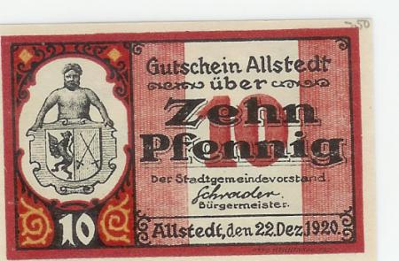 Allstedt - Stadt - 22.12.1920 - 10 Pfennig 