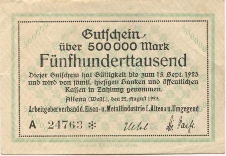 Altena - Arbeitgeberverband der Eisen- und Metallindustrie für Altena und Umgebung - 22.8.1923 - 15.9.1923 - 500000 Mark 