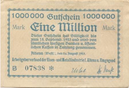 Altena - Arbeitgeberverband der Eisen- und Metallindustrie für Altena und Umgebung - 24.8.1923 - 15.9.1923 - 1 Million Mark 