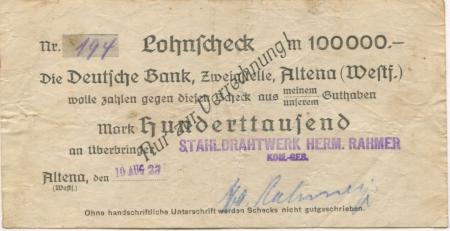 Altena - Rahmer, Hermann, Stahldrahtwerk KG - 10.8.1923 - 100000 Mark 