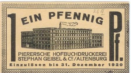 Altenburg - Geibel, Stephan & Co, Inhaber von: Pierer'sche Hofbuchdruckerei -  - 31.12.1920 - 1 Pfennig 
