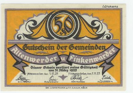 Altenwerder und Finkenwärder (heute: Hamburg) - Gemeinden - 1.11.1921 - 31.3.1922 - 50 Pfennig 
