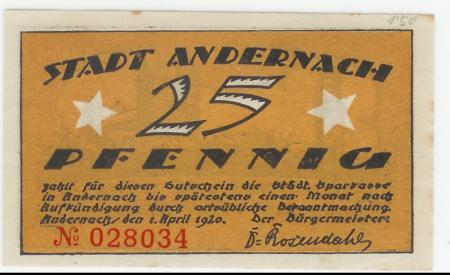Andernach - Stadt - 1.4.1920 - 25 Pfennig 