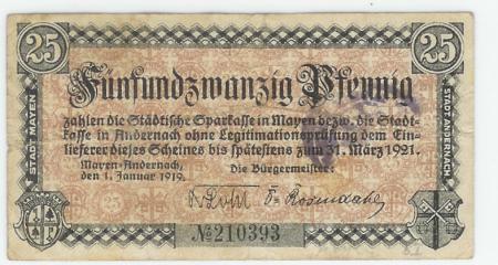 Andernach und Mayen - Städte - 1.1.1919 - 25 Pfennig 