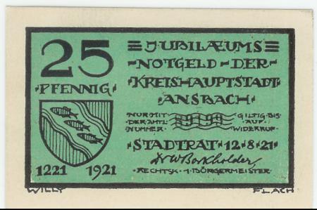 Ansbach - Stadt - 12.8.1921 - 25 Pfennig 