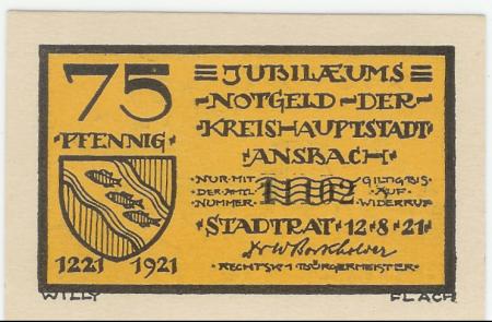 Ansbach - Stadt - 12.8.1921 - 75 Pfennig 