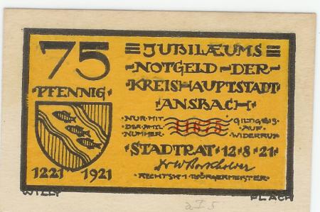 Ansbach - Stadt - 12.8.1921 - 75 Pfennig 