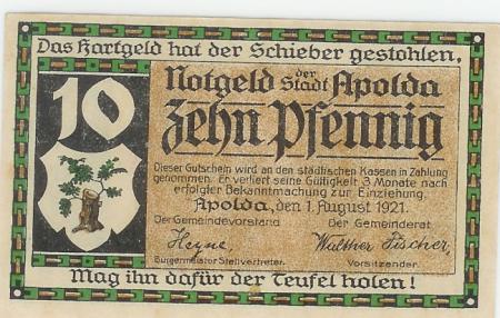 Apolda - Stadt - 1.8.1921 - 10 Pfennig 