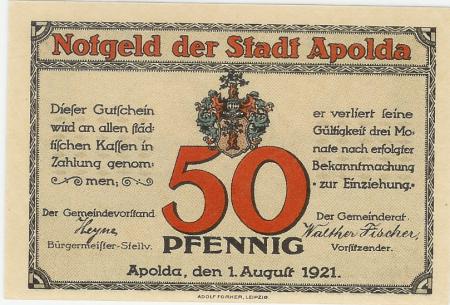 Apolda - Stadt - 1.8.1921 - 50 Pfennig 
