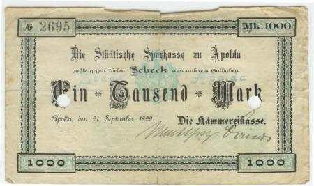 Apolda - Stadt (Kämmereikasse) - 21.9.1922 - 1000 Mark 